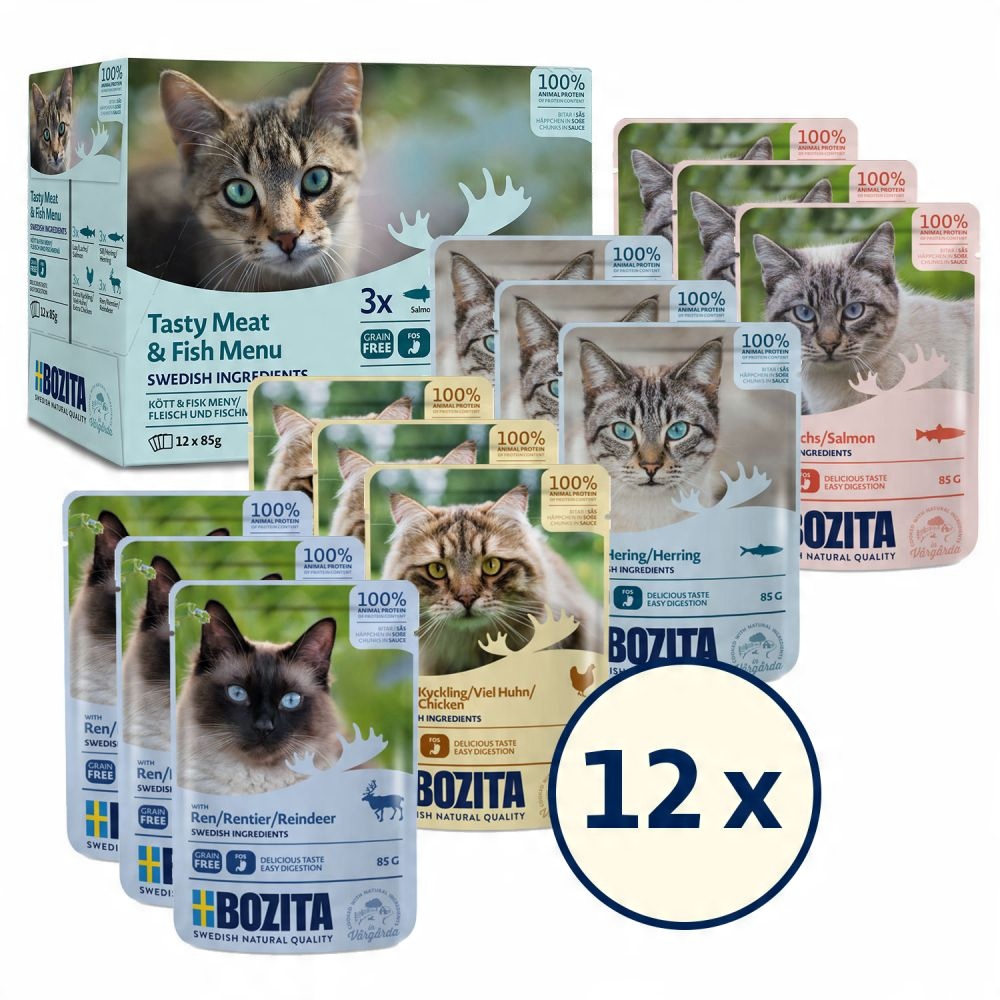 Bozita Mięsno Rybne kawałki w sosie łosoś, śledź, kurczak, renifer 12x85g