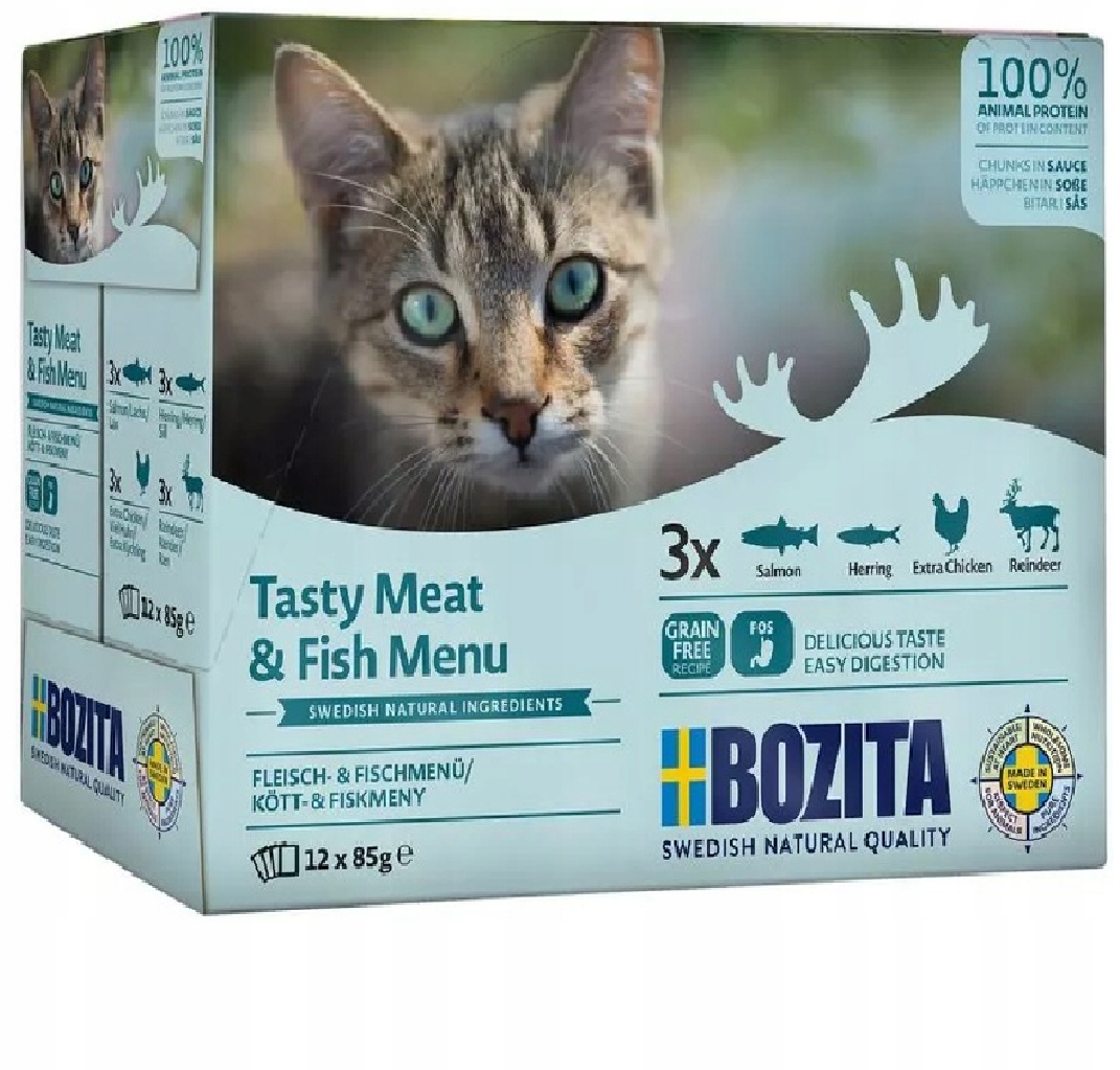 Bozita Mięsno Rybne kawałki w sosie łosoś, śledź, kurczak, renifer 12x85g
