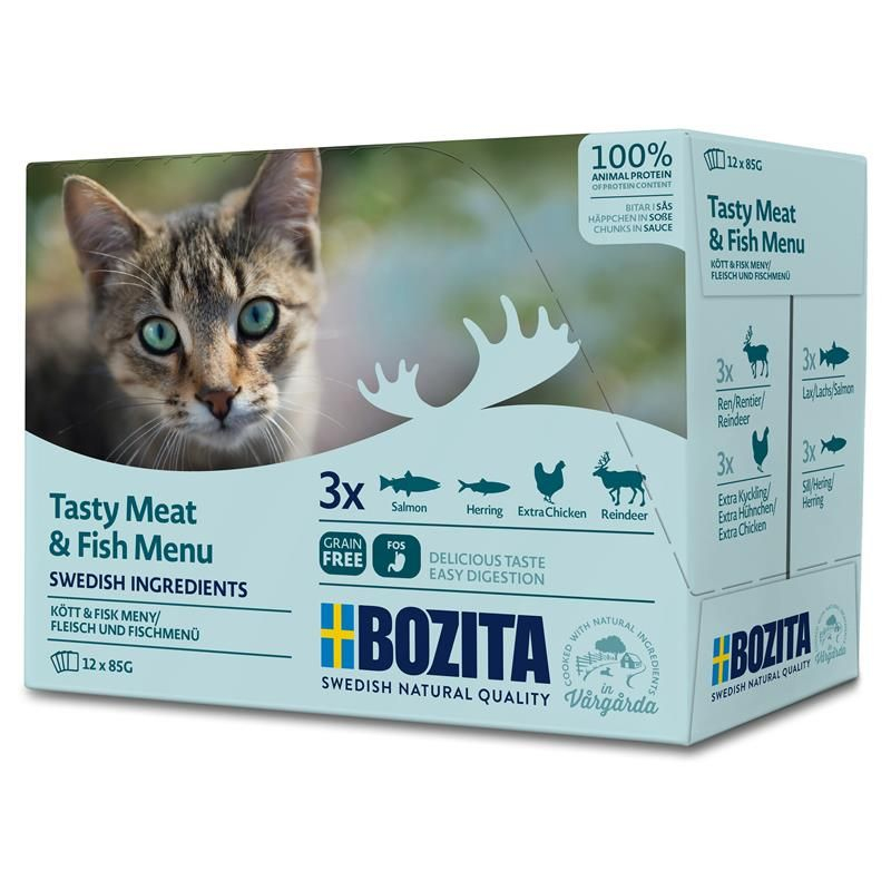 Bozita Mięsno Rybne kawałki w sosie łosoś, śledź, kurczak, renifer 12x85g