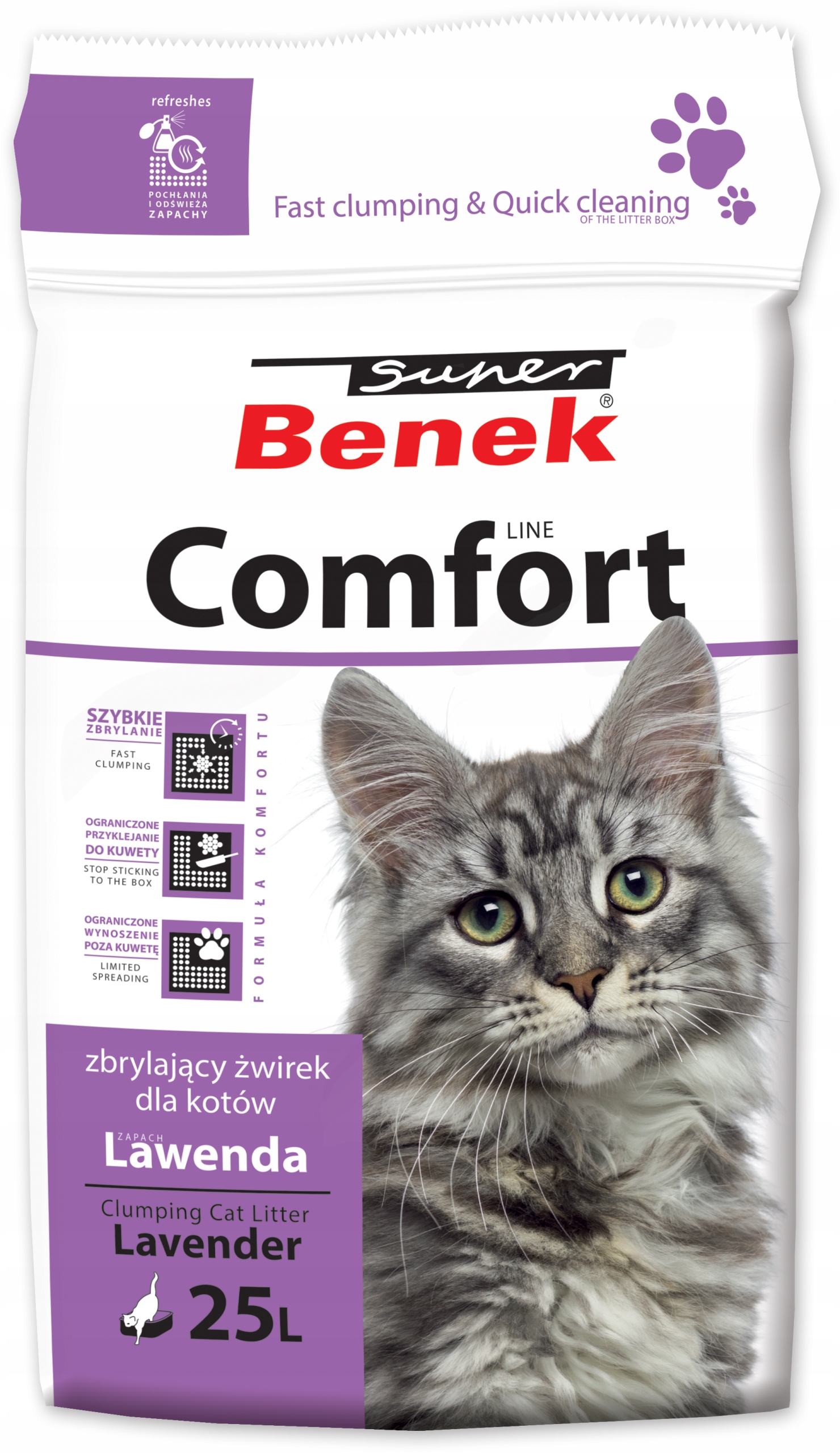 Super Benek COMFORT Lawenda 25L &#8211; Zbrylający żwirek bentonitowy dla kota