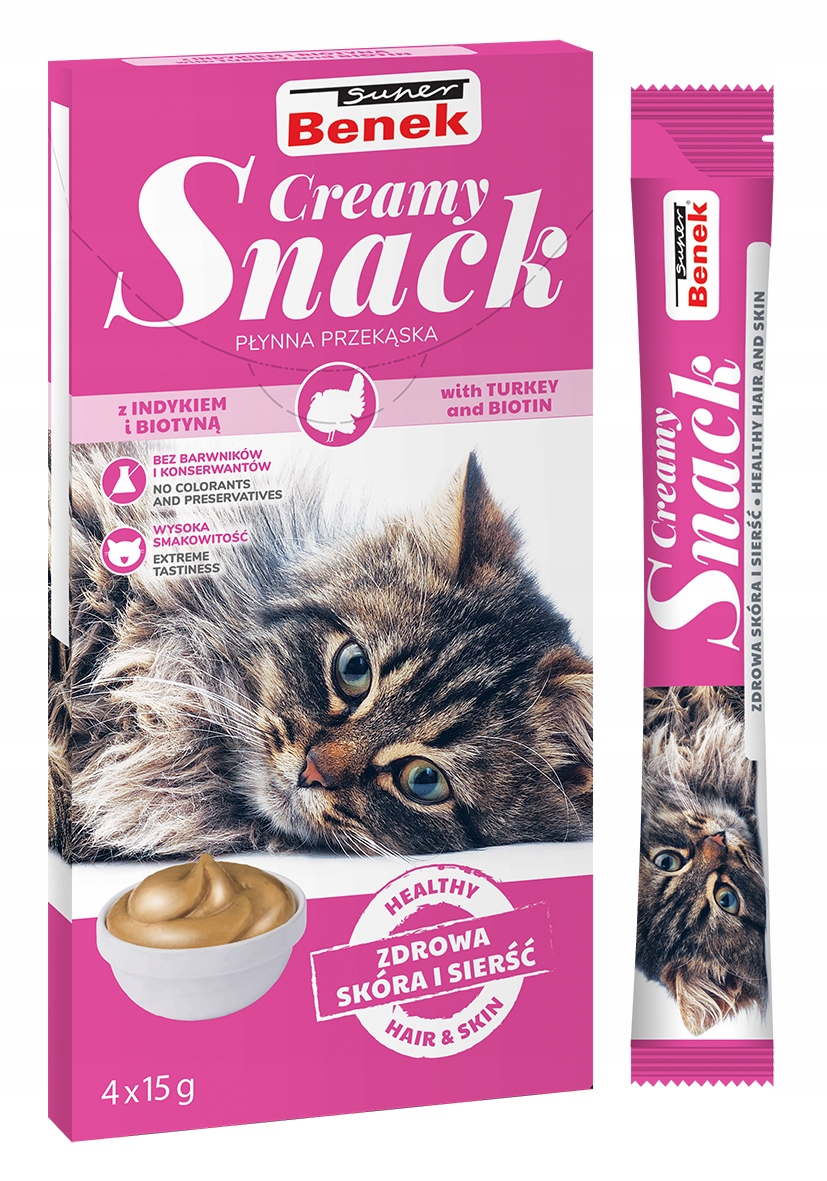 Super Benek Creamy Snack przekąska dla kotów z indykiem i biotyną (4&#215;15 g)