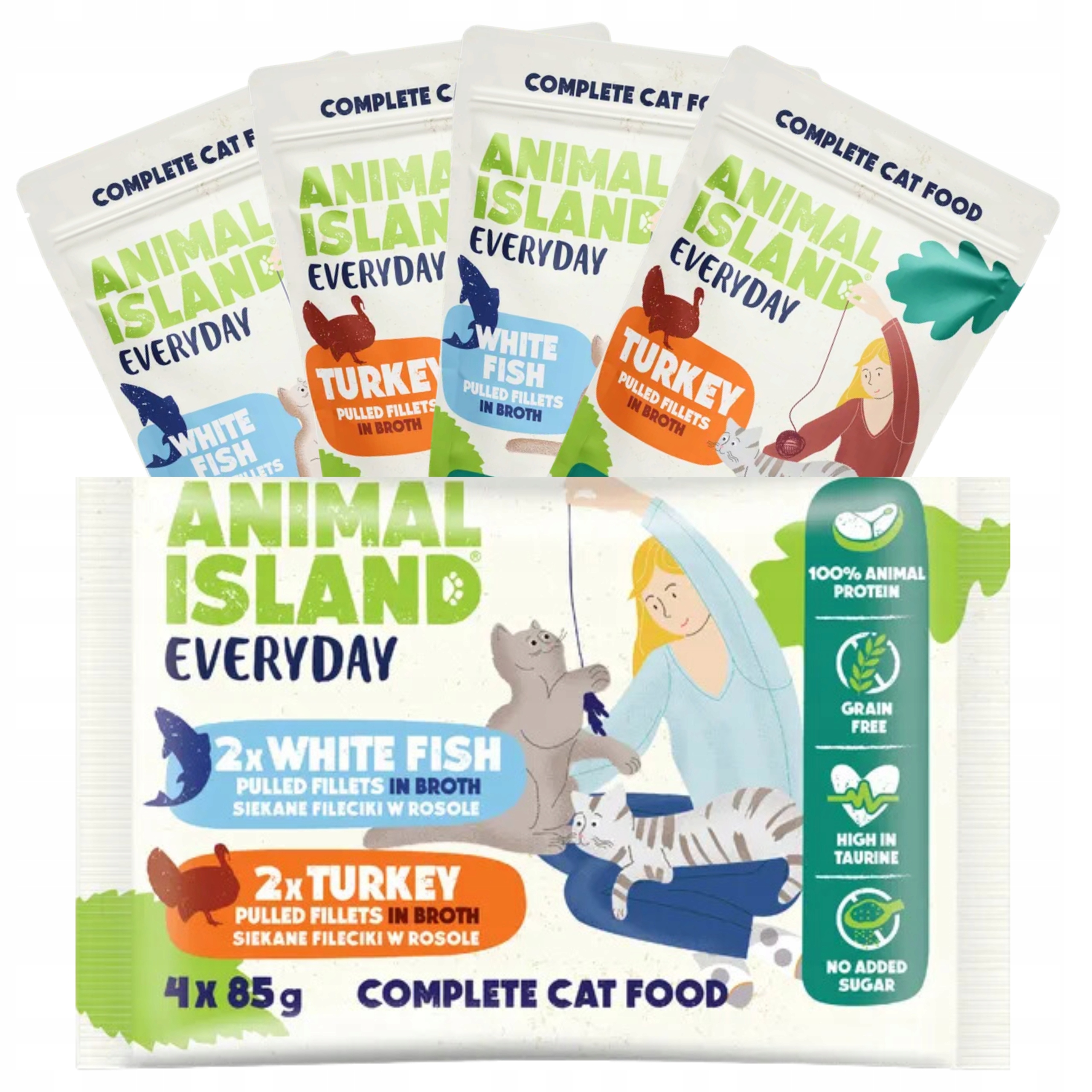 Animal Island Karma mokra dla kota Everyday Indyk i Biała ryba 4x85g