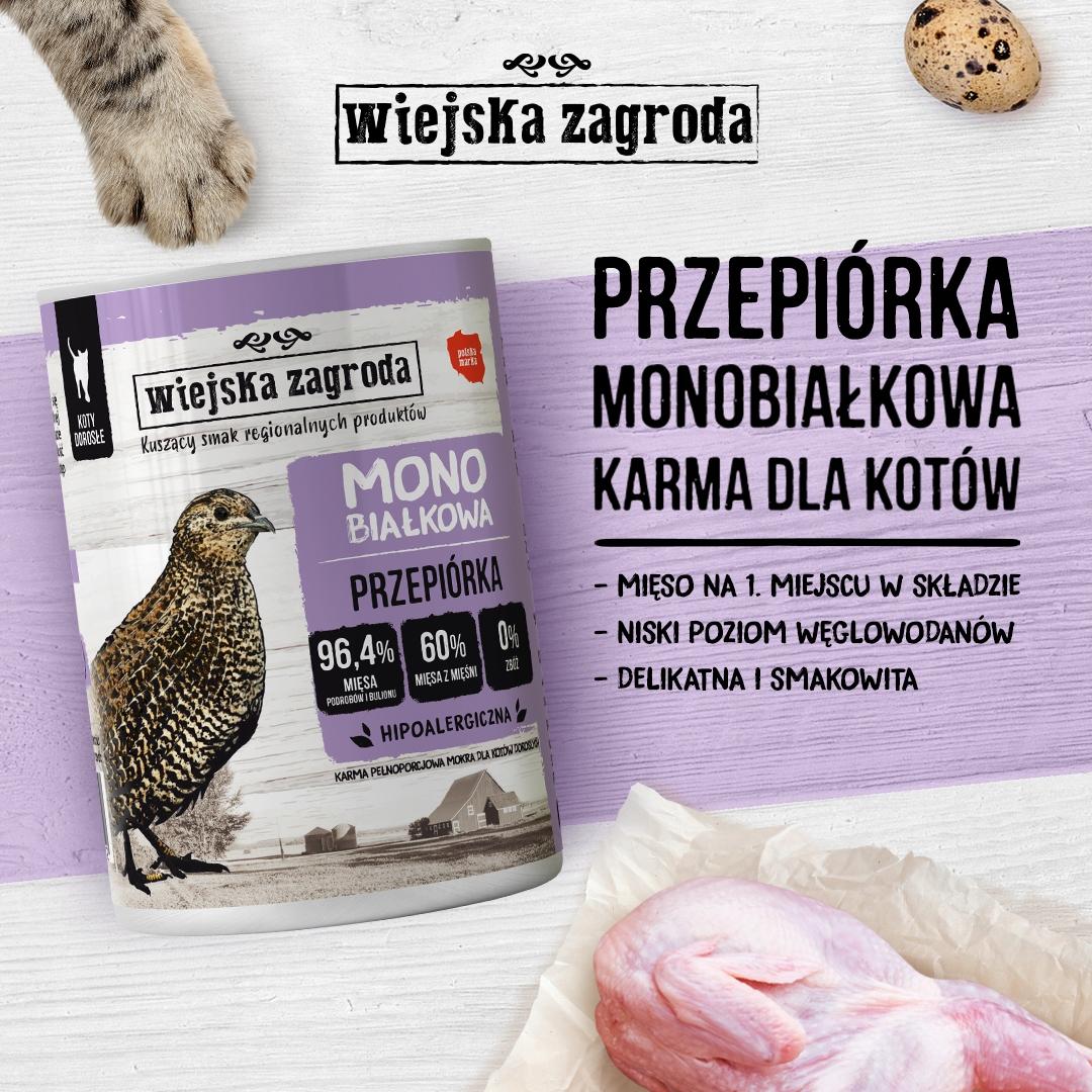 Karma mokra dla kota Monobiałkowa Przepiórka 400g Wiejska Zagroda