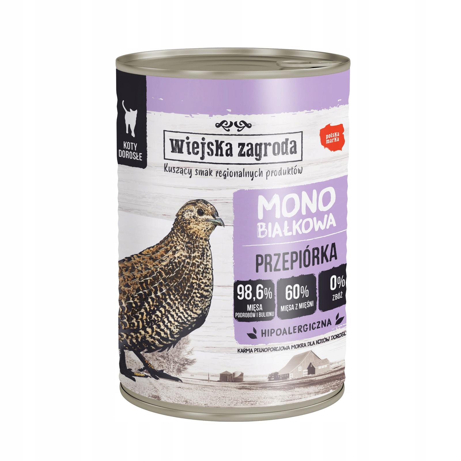 Karma mokra dla kota Monobiałkowa Przepiórka 400g Wiejska Zagroda