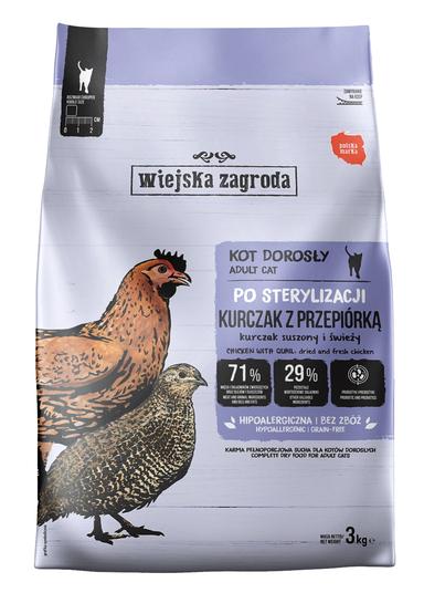 Wiejska Zagroda Karma sucha dla kota Sterilized Kurczak z przepiórką Prebiotyk i probiotyk (dorosły) 3kg Wiejska Zagroda Karma sucha dla kota Sterilized Kurczak z przepiórką Prebiotyk i probiotyk (dorosły) 3kg